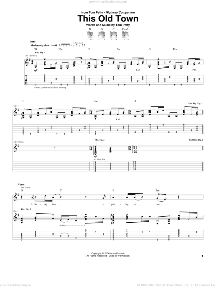 This Old Town sheet music for guitar (tablature) by Tom Petty, intermediate skill level