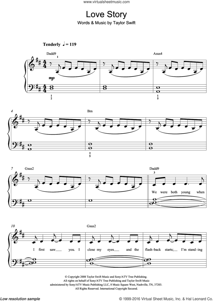 Love Story sheet music for piano solo (beginners) by Taylor Swift, beginner piano (beginners)