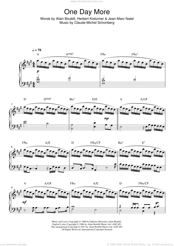 One Day More (from Les Miserables) sheet music for piano solo by Boublil and Schonberg, Alain Boublil, Claude-Michel Schonberg, Herbert Kretzmer and Jean-Marc Natel, intermediate skill level