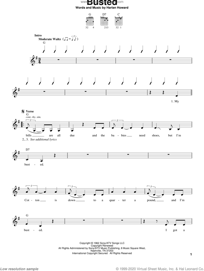 Busted sheet music for guitar solo (chords) by Johnny Cash, John Conlee, Ray Charles and Harlan Howard, easy guitar (chords)