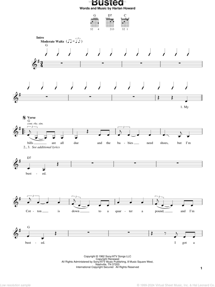 Busted sheet music for guitar solo (chords) by Johnny Cash, John Conlee, Ray Charles and Harlan Howard, easy guitar (chords)