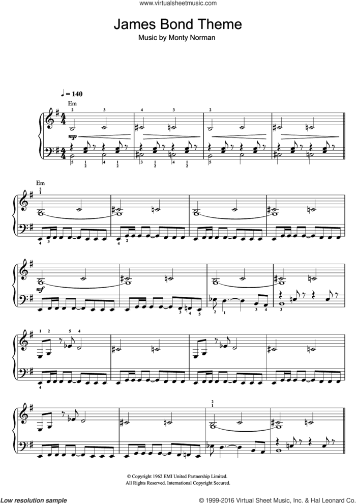 The James Bond Theme sheet music for piano solo by Monty Norman, easy skill level