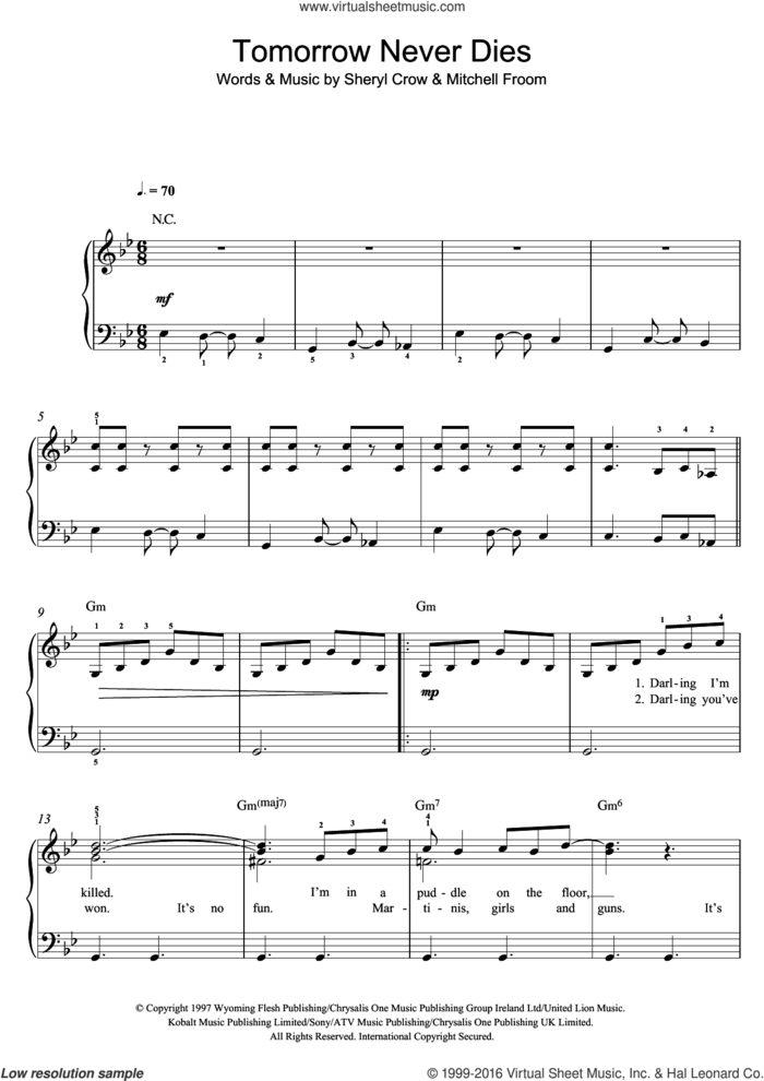 Tomorrow Never Dies sheet music for piano solo by Sheryl Crow and Mitchell Froom, easy skill level