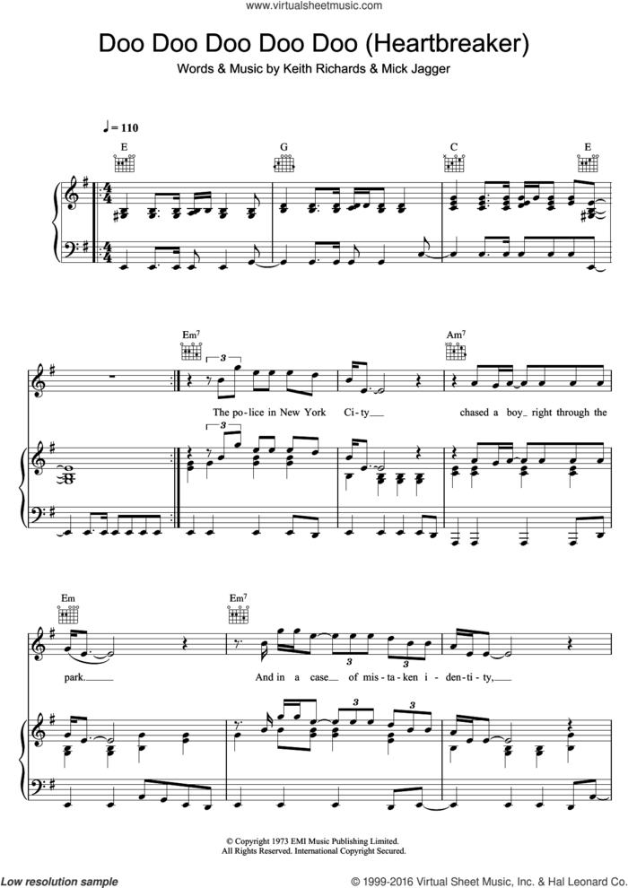 Doo Doo Doo Doo Doo (Heartbreaker) sheet music for voice, piano or guitar by The Rolling Stones, Keith Richards and Mick Jagger, intermediate skill level