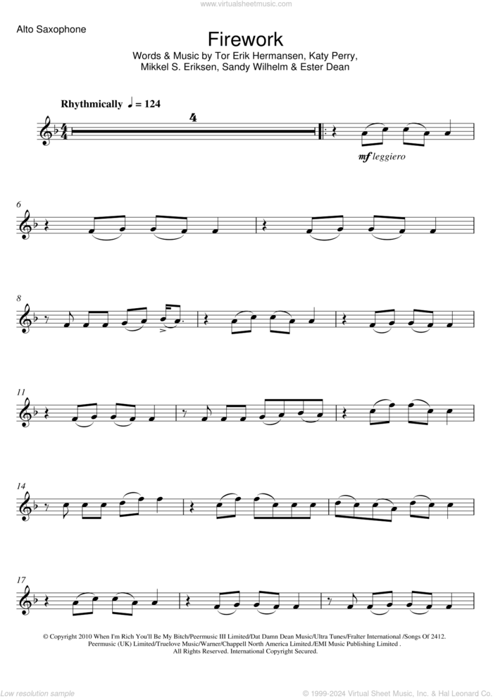 Firework sheet music for alto saxophone solo by Katy Perry, Ester Dean, Mikkel S. Eriksen, Sandy Wilhelm and Tor Erik Hermansen, intermediate skill level