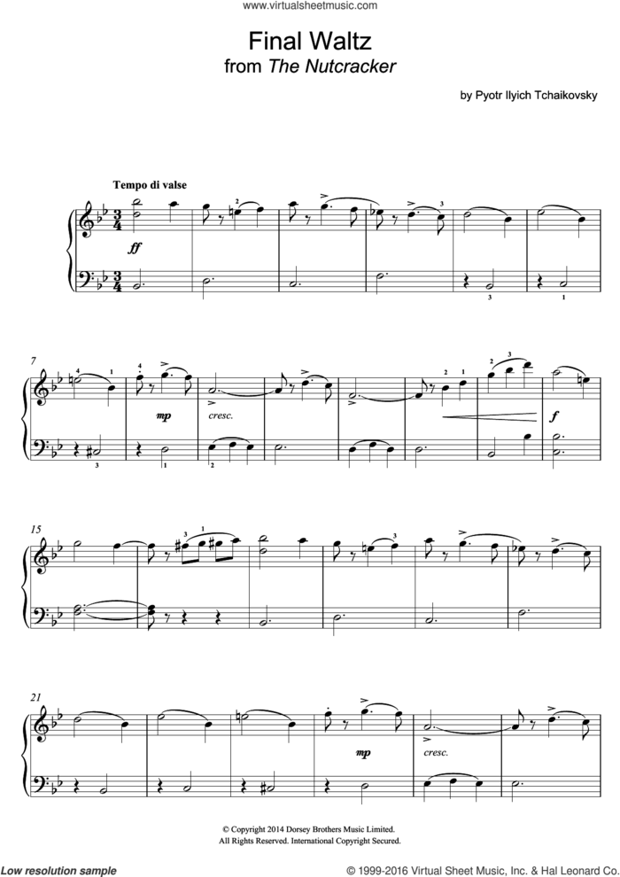 Final Waltz sheet music for piano solo by Pyotr Ilyich Tchaikovsky, classical score, easy skill level