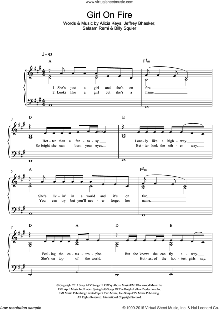 Girl On Fire sheet music for piano solo by Alicia Keys, Billy Squier, Jeffrey Bhasker and Salaam Remi, easy skill level