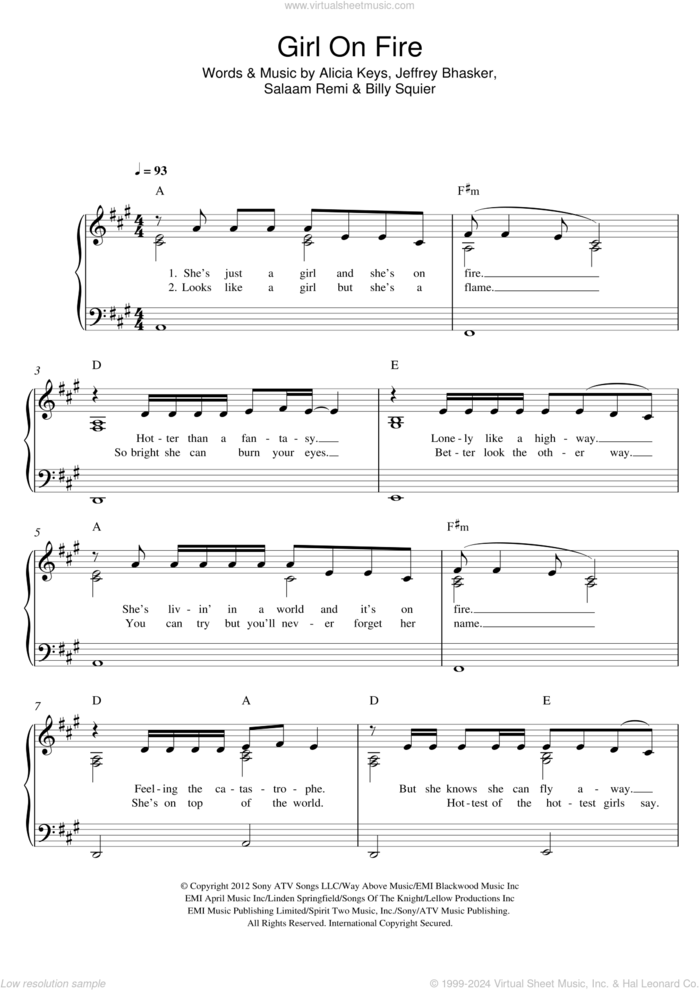 Girl On Fire sheet music for piano solo by Alicia Keys, Billy Squier, Jeffrey Bhasker and Salaam Remi, easy skill level