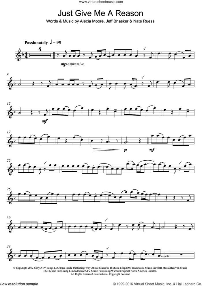 Just Give Me A Reason (featuring Nate Ruess) sheet music for alto saxophone solo by Jeff Bhasker, Miscellaneous, Alecia Moore and Nate Ruess, intermediate skill level