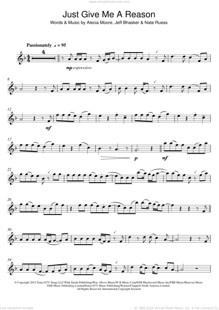 Just Give Me A Reason (featuring Nate Ruess) sheet music for alto saxophone solo by P!nk, Miscellaneous, Alecia Moore, Jeff Bhasker and Nate Ruess, intermediate skill level