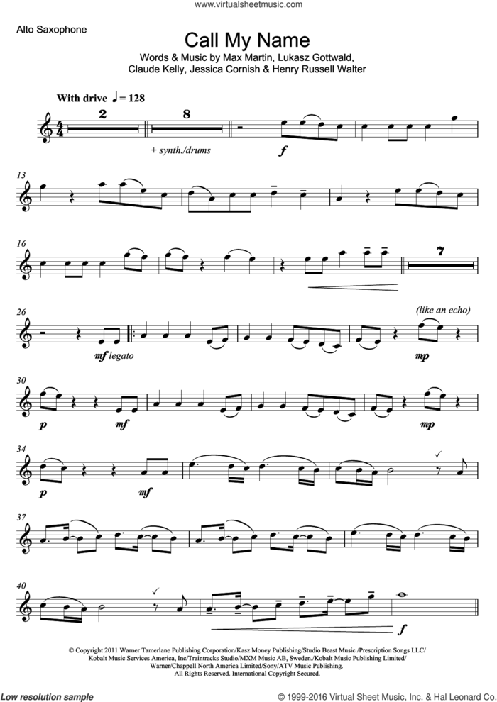 Call My Name sheet music for alto saxophone solo by Cheryl and Calvin Harris, intermediate skill level