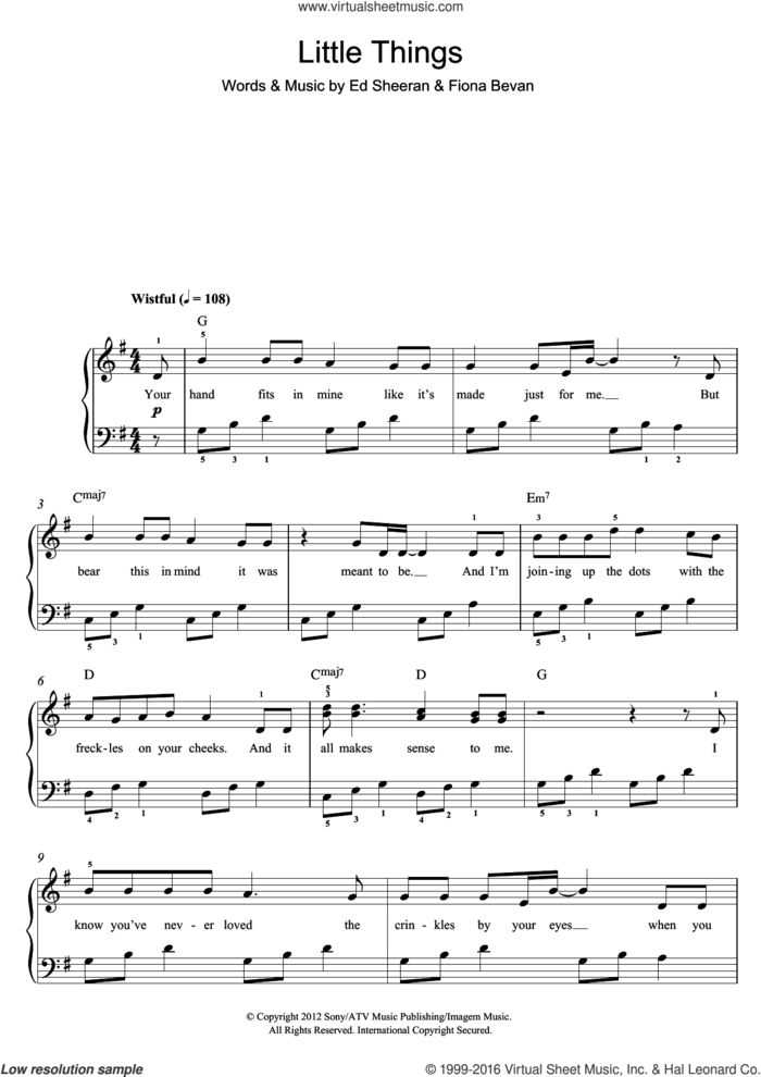 Little Things sheet music for piano solo (beginners) by One Direction, Ed Sheeran and Fiona Bevan, beginner piano (beginners)