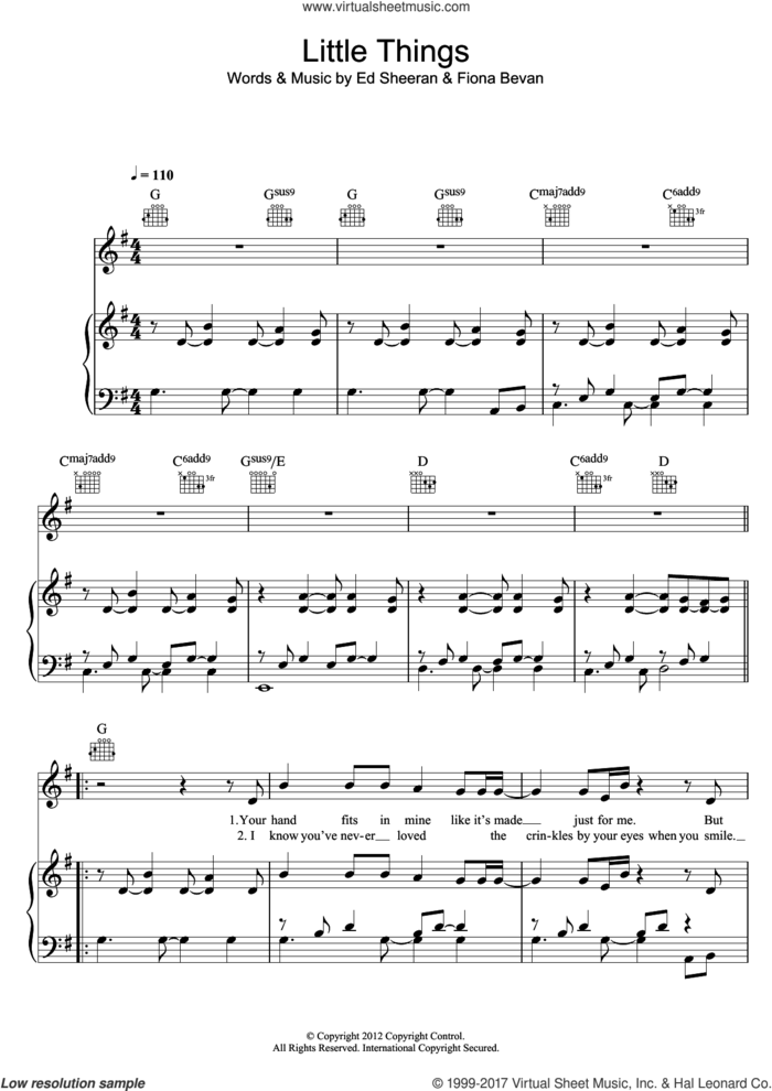 Little Things sheet music for voice, piano or guitar by One Direction, Ed Sheeran and Fiona Bevan, intermediate skill level