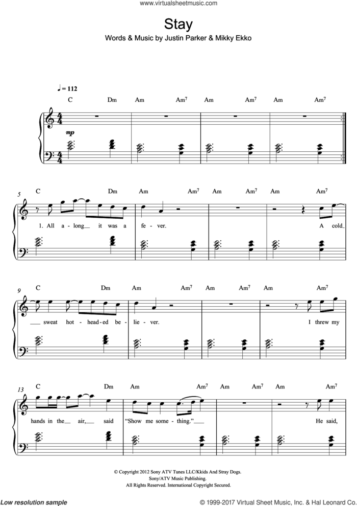 Stay, (easy) sheet music for piano solo by Rihanna, Justin Parker and Mikky Ekko, easy skill level