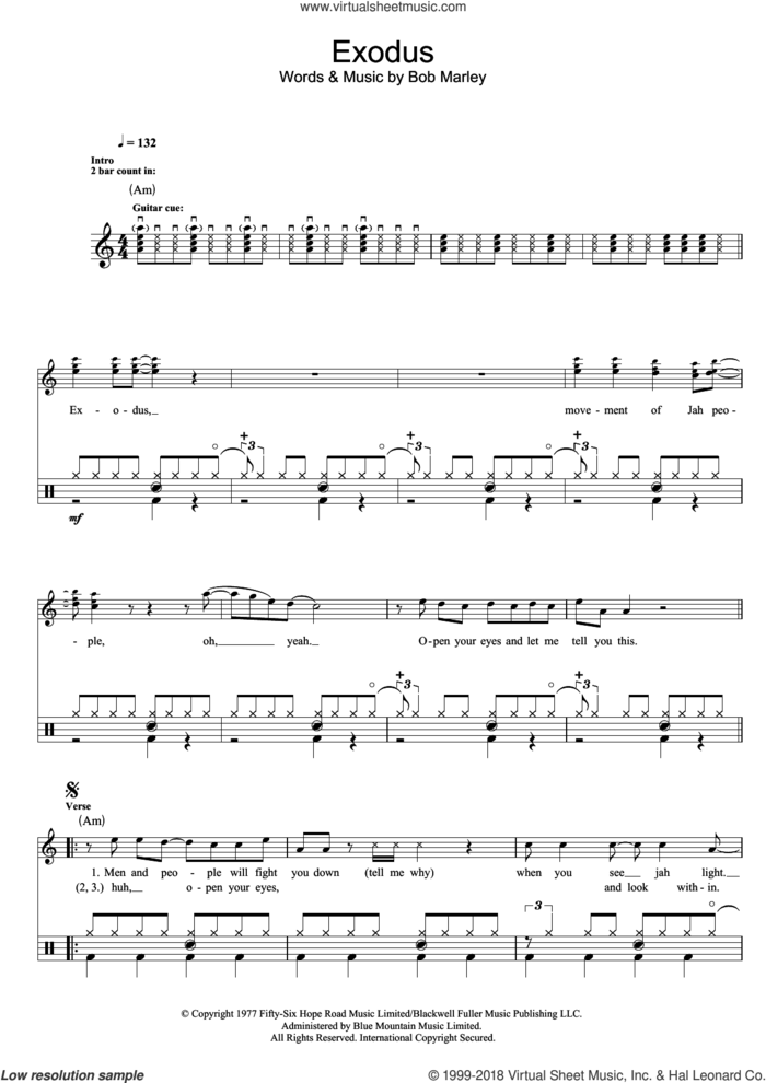 Exodus sheet music for drums (percussions) by Bob Marley, intermediate skill level