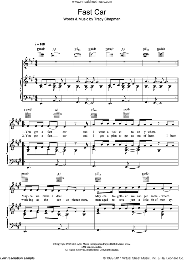 Fast Car sheet music for voice, piano or guitar by Tracy Chapman, intermediate skill level