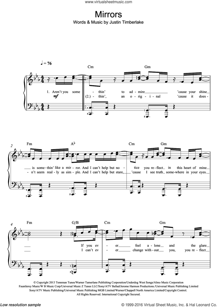 Mirrors sheet music for piano solo (beginners) by Justin Timberlake, beginner piano (beginners)
