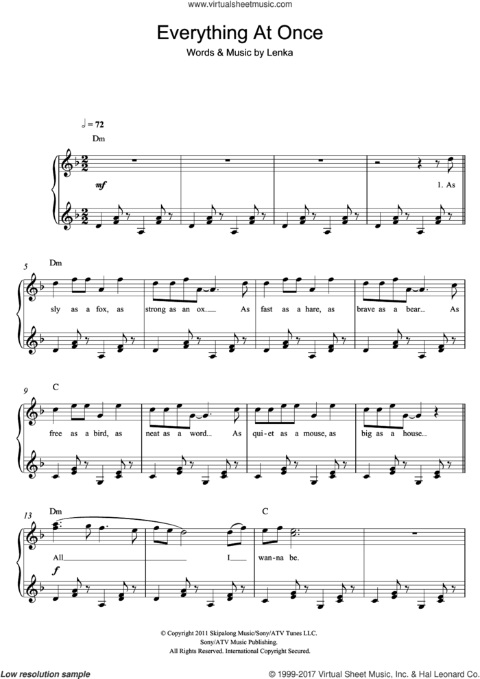 Everything At Once sheet music for piano solo by Lenka, easy skill level