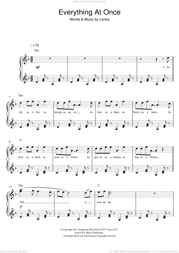 Everything At Once sheet music for piano solo by Lenka, easy skill level