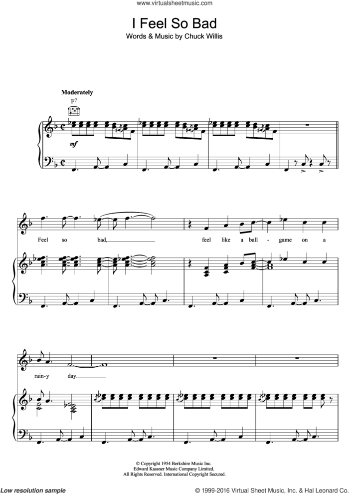 I Feel So Bad sheet music for voice, piano or guitar by Elvis Presley and Chuck Willis, intermediate skill level