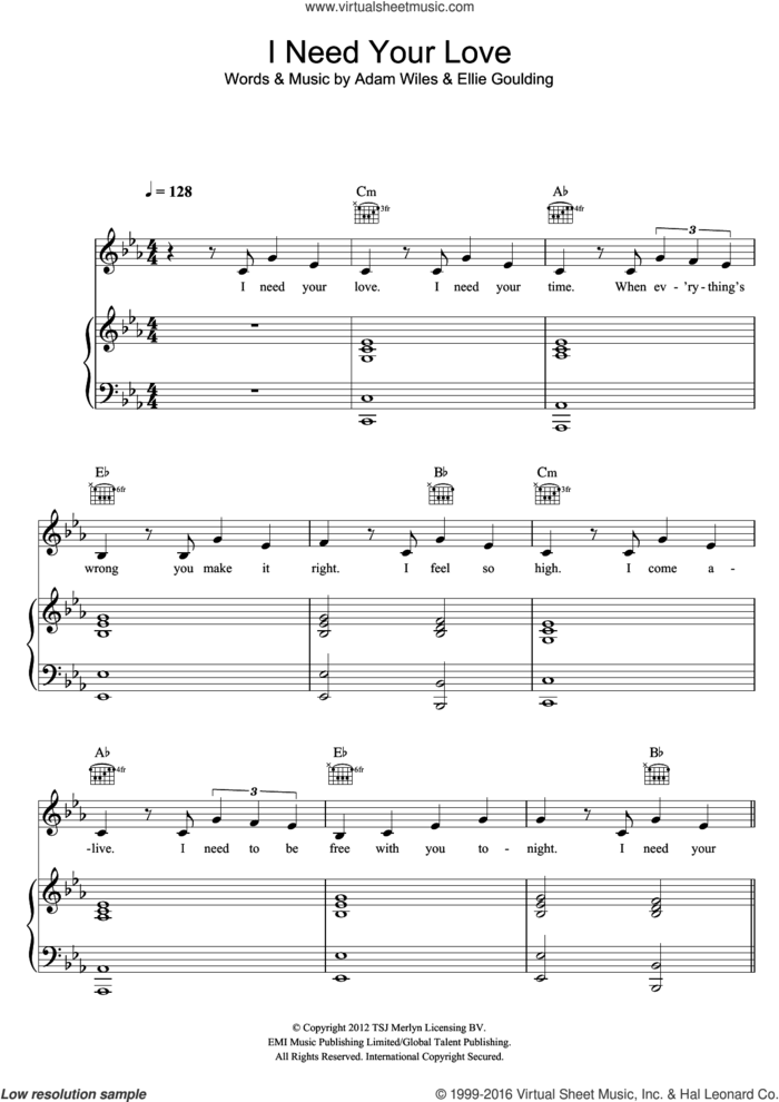 I Need Your Love (featuring Ellie Goulding) sheet music for voice, piano or guitar by Calvin Harris, Adam Wiles and Ellie Goulding, intermediate skill level