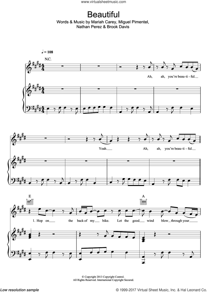 Beautiful (featuring Miguel) sheet music for voice, piano or guitar by Mariah Carey, Miguel, Brook Davis, Miguel Pimentel and Nathan Perez, intermediate skill level