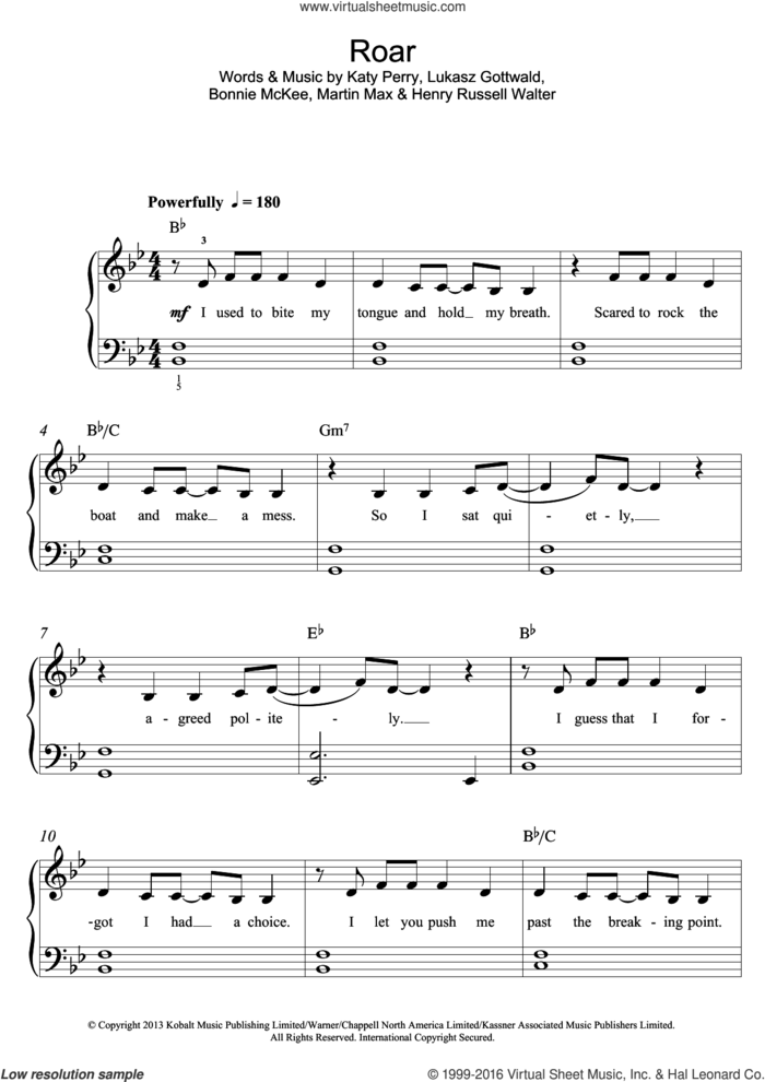 Roar sheet music for piano solo (beginners) by Katy Perry, Bonnie McKee, Henry Russell Walter, Lukasz Gottwald and Martin Max, beginner piano (beginners)