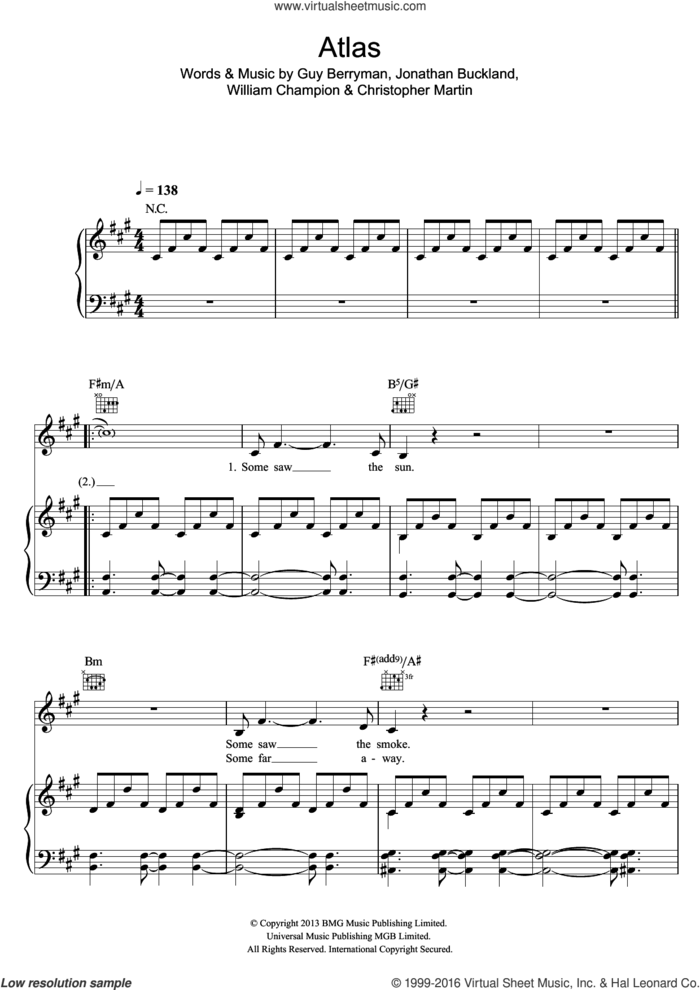 Atlas sheet music for voice, piano or guitar by Coldplay, Christopher Martin, Guy Berryman, Jonny Buckland and William Champion, intermediate skill level