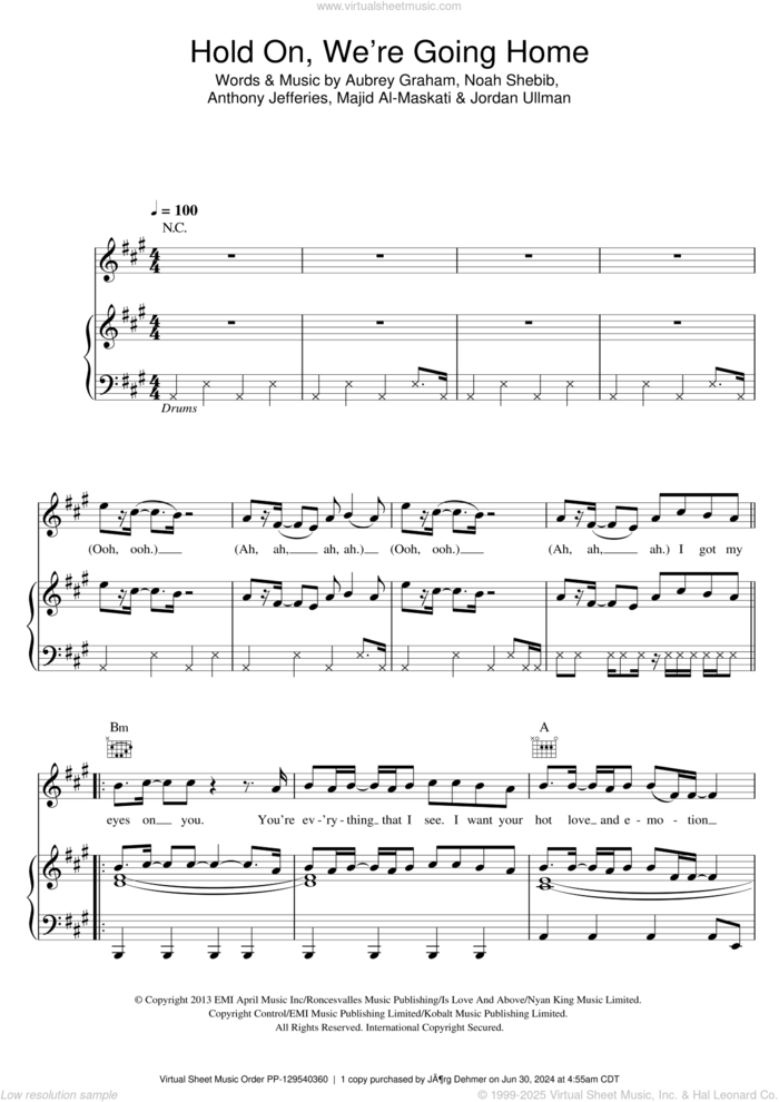 Hold On We're Going Home sheet music for voice, piano or guitar by Drake, Anthony Jefferies, Aubrey Graham, Jordan Ullman, Majid Al-Maskati and Noah Shebib, intermediate skill level