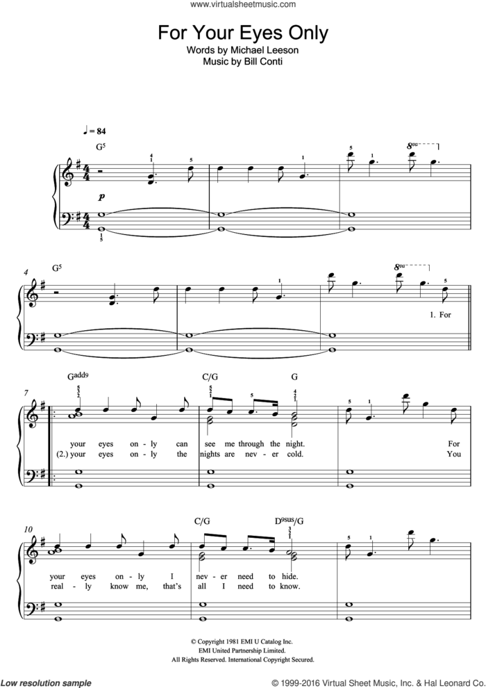 For Your Eyes Only sheet music for piano solo by Sheena Easton, Bill Conti and Michael Leeson, easy skill level