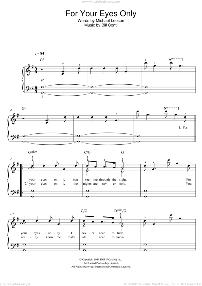 For Your Eyes Only, (easy) sheet music for piano solo by Sheena Easton, Bill Conti and Michael Leeson, easy skill level