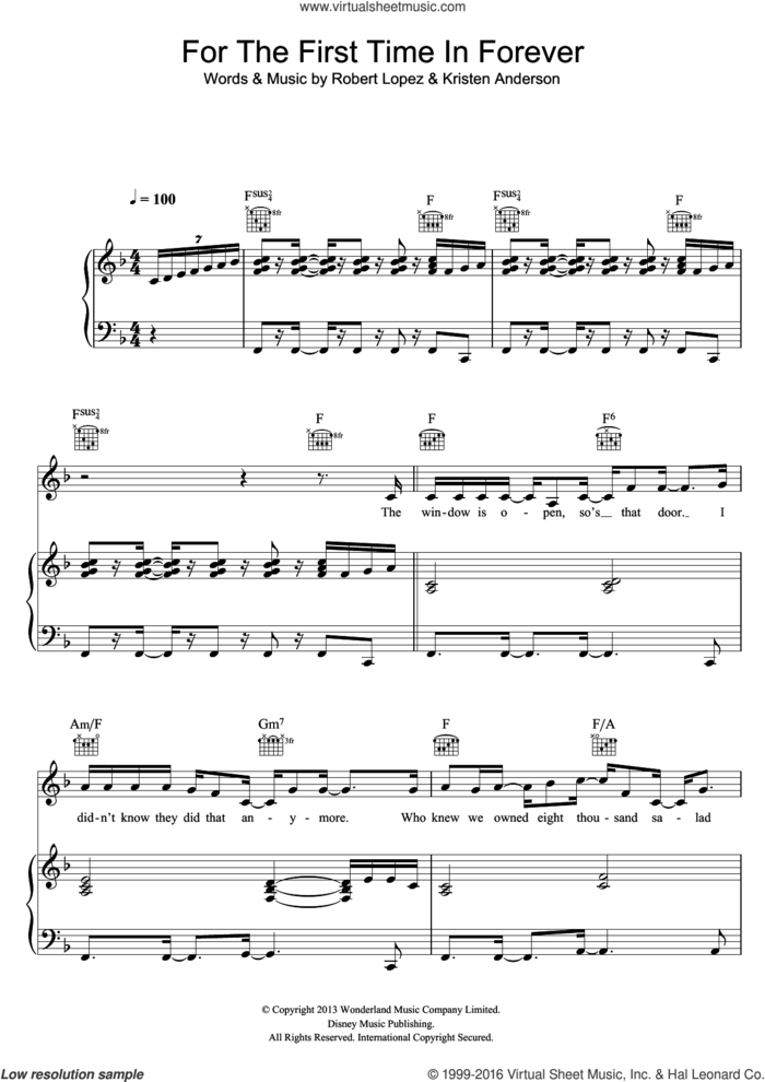 For The First Time In Forever (from Frozen) sheet music for voice, piano or guitar by Idina Menzel, Kristen Bell, Kristen Bell, Idina Menzel, Kristen Anderson and Robert Lopez, intermediate skill level