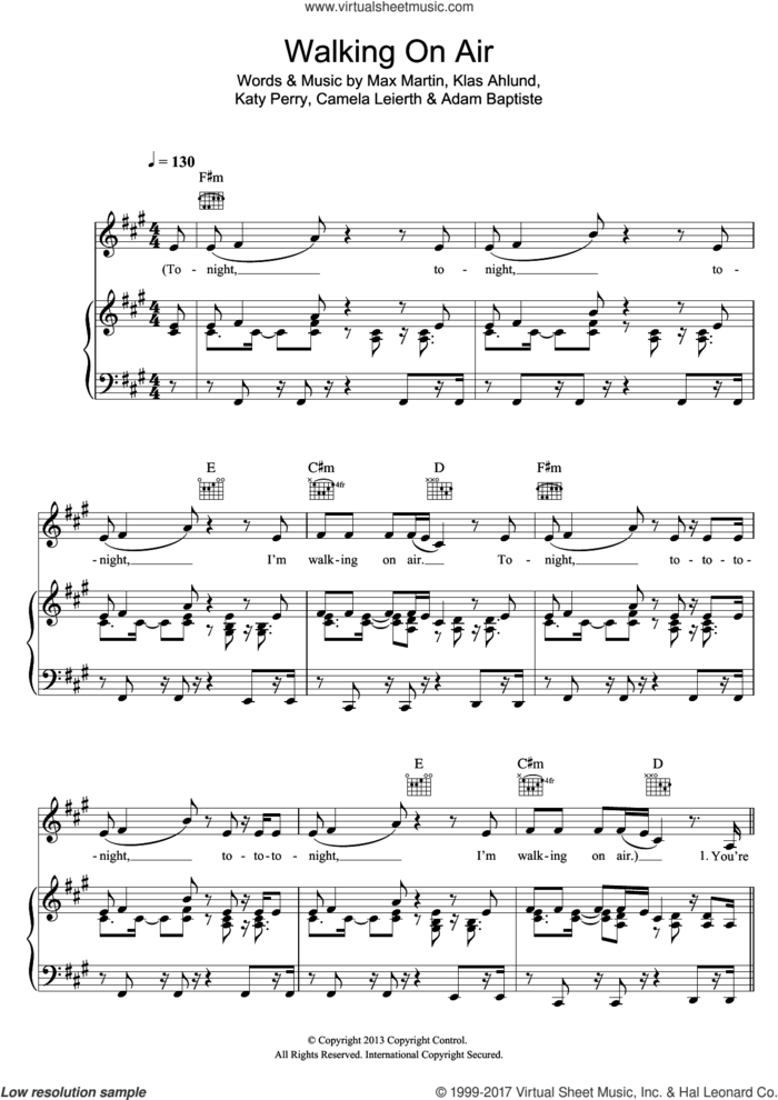 Walking On Air sheet music for voice, piano or guitar by Katy Perry, Adam Baptiste, Camela Leierth, Klas Ahlund and Max Martin, intermediate skill level