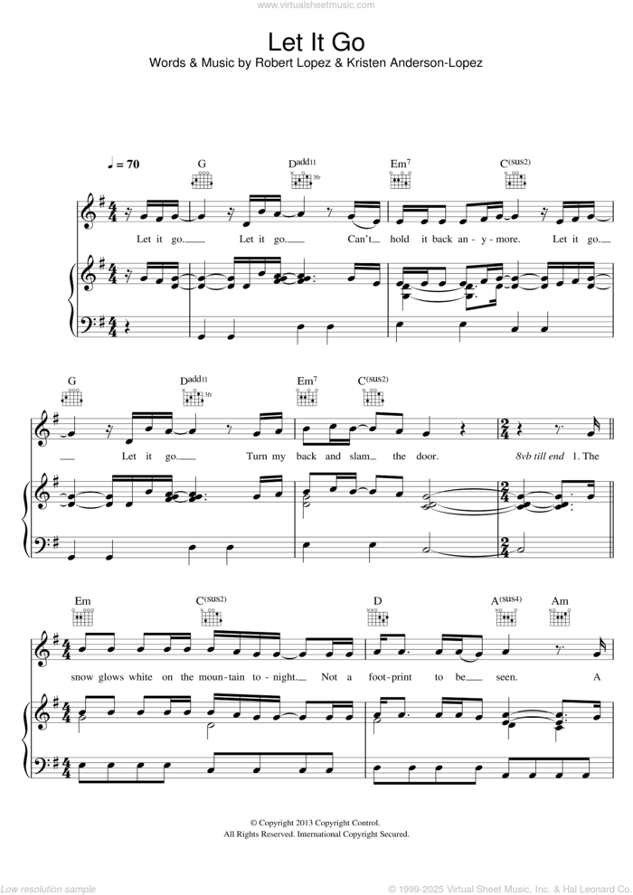 Let It Go (from Frozen) (Demi Lovato version) sheet music for voice, piano or guitar by Demi Lovato, Idina Menzel, Kristen Anderson-Lopez and Robert Lopez, intermediate skill level