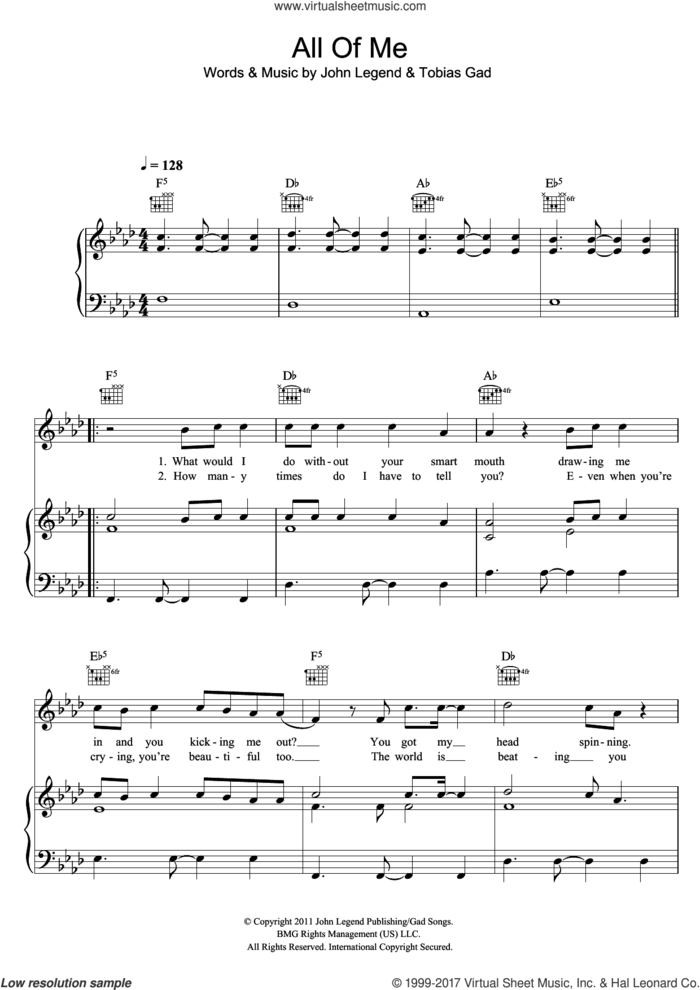 All Of Me sheet music for voice, piano or guitar by John Legend and Toby Gad, wedding score, intermediate skill level