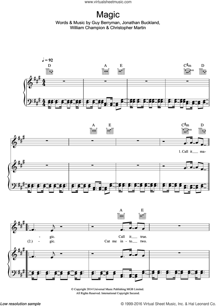 Magic sheet music for voice, piano or guitar by Coldplay, Christopher Martin, Guy Berryman, Jonny Buckland and William Champion, intermediate skill level