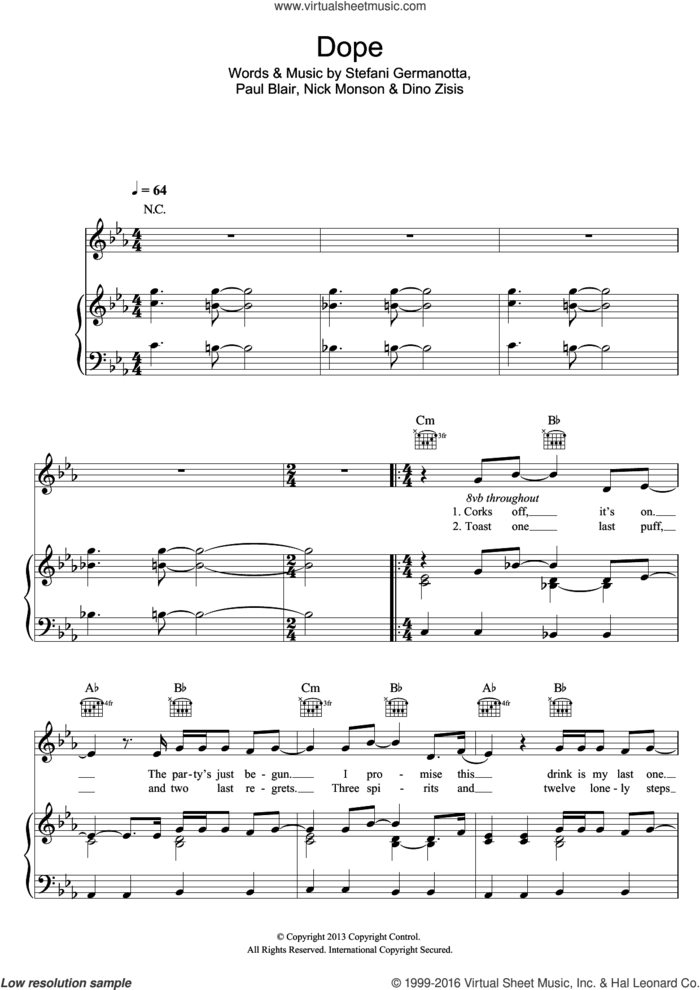Dope sheet music for voice, piano or guitar by Lady Gaga, Dino Zisis, Nick Monson and Paul Blair, intermediate skill level