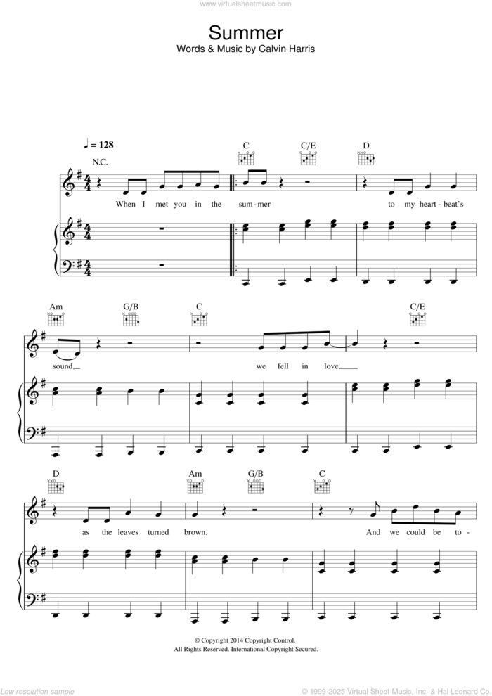 Summer sheet music for voice, piano or guitar by Calvin Harris, intermediate skill level