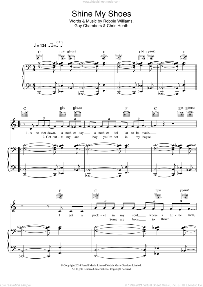 Shine My Shoes sheet music for voice, piano or guitar by Robbie Williams, Chris Heath and Guy Chambers, intermediate skill level