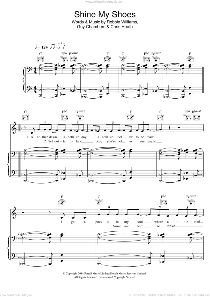 Shine My Shoes sheet music for voice, piano or guitar by Robbie Williams, Chris Heath and Guy Chambers, intermediate skill level