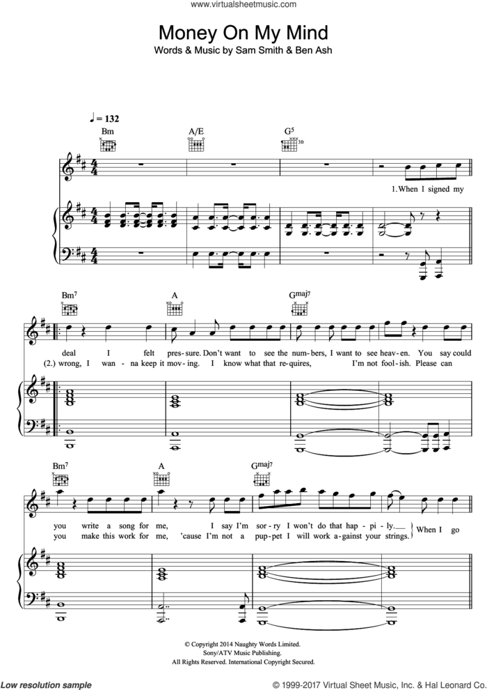 Money On My Mind sheet music for voice, piano or guitar by Sam Smith and Ben Ash, intermediate skill level