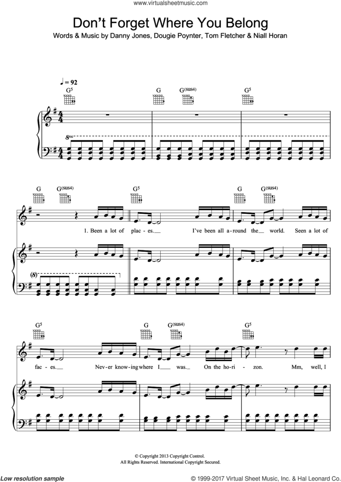 Don't Forget Where You Belong sheet music for voice, piano or guitar by One Direction, Danny Jones, Dougie Poynter, Niall Horan and Thomas Fletcher, intermediate skill level