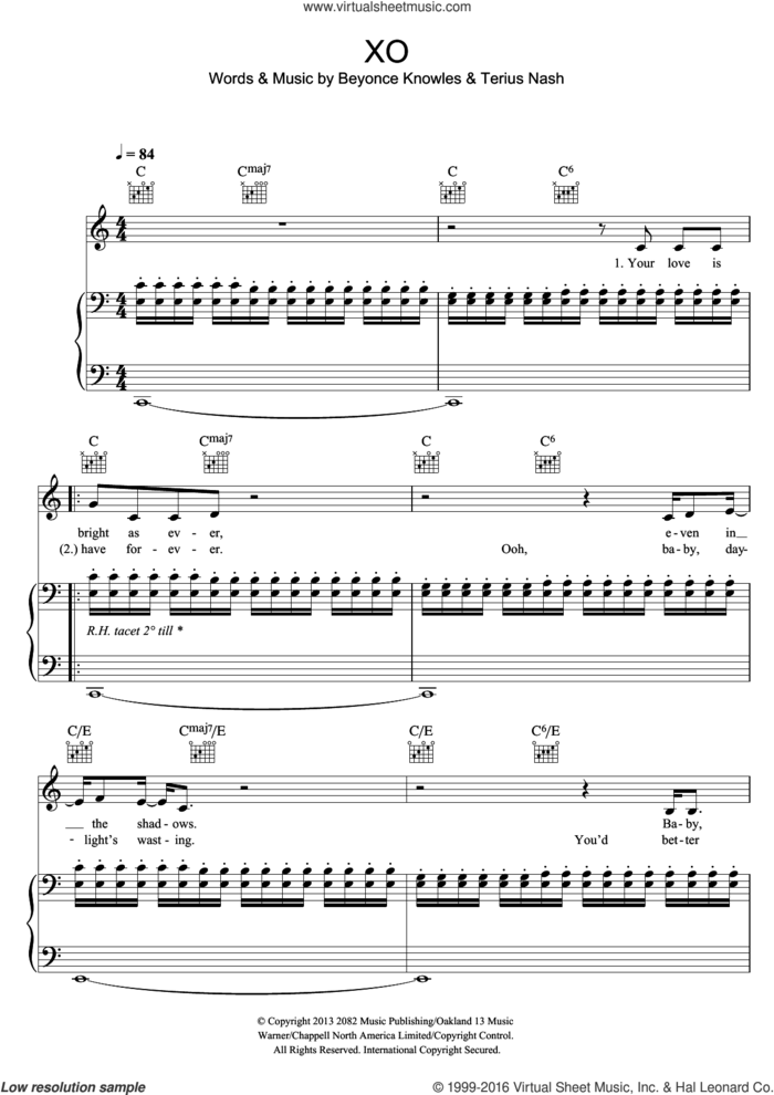 XO sheet music for voice, piano or guitar by Terius Nash and Beyonce, intermediate skill level