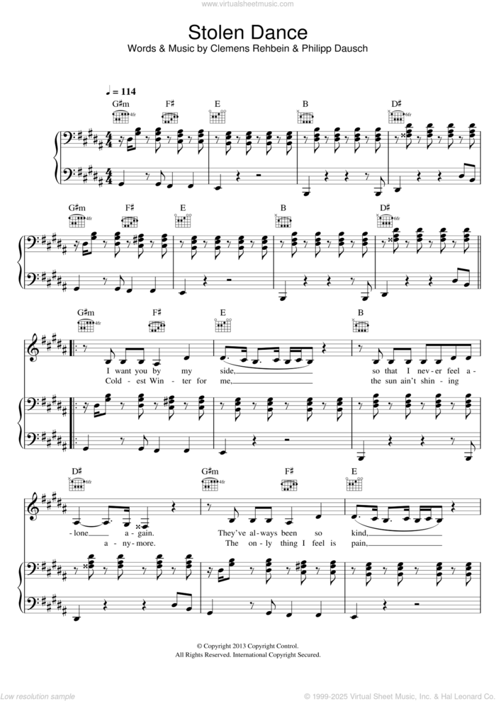 Stolen Dance sheet music for voice, piano or guitar by Milky Chance, Clemens Rehbein and Philipp Dausch, intermediate skill level