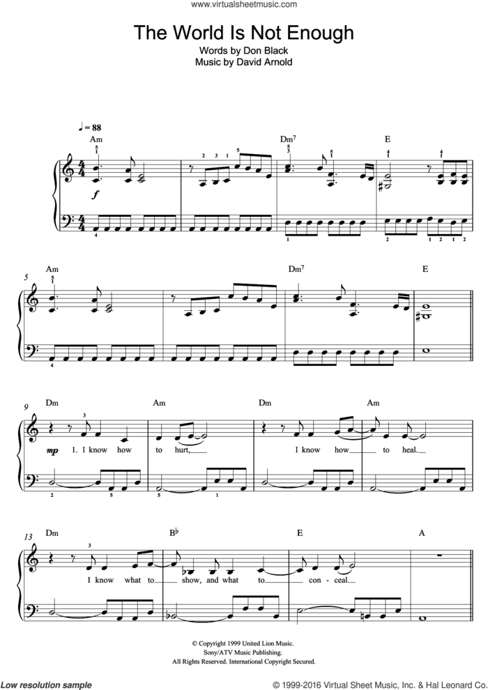 The World Is Not Enough sheet music for piano solo by Garbage, David Arnold and Don Black, easy skill level
