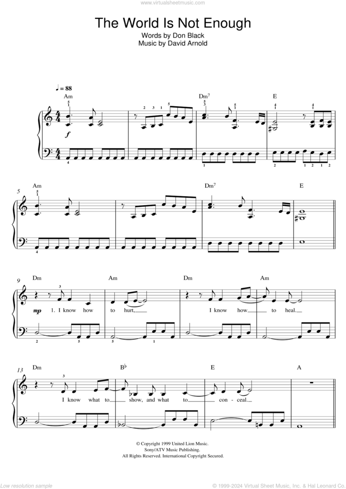 The World Is Not Enough, (easy) sheet music for piano solo by Garbage, David Arnold and Don Black, easy skill level