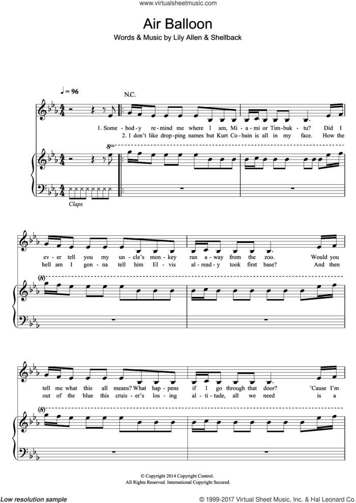 Air Balloon sheet music for voice, piano or guitar by Lily Allen and Shellback, intermediate skill level