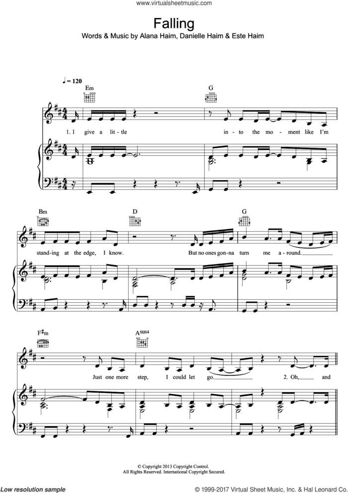 Falling sheet music for voice, piano or guitar by Haim, Alana Haim, Danielle Haim and Este Haim, intermediate skill level