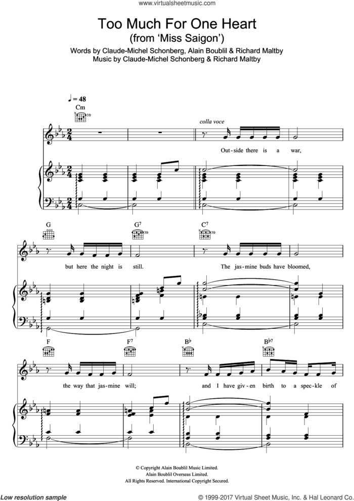 Too Much For One Heart (from Miss Saigon) sheet music for voice, piano or guitar by Boublil and Schonberg, Alain Boublil, Claude-Michel Schonberg and Richard Maltby, Jr., intermediate skill level
