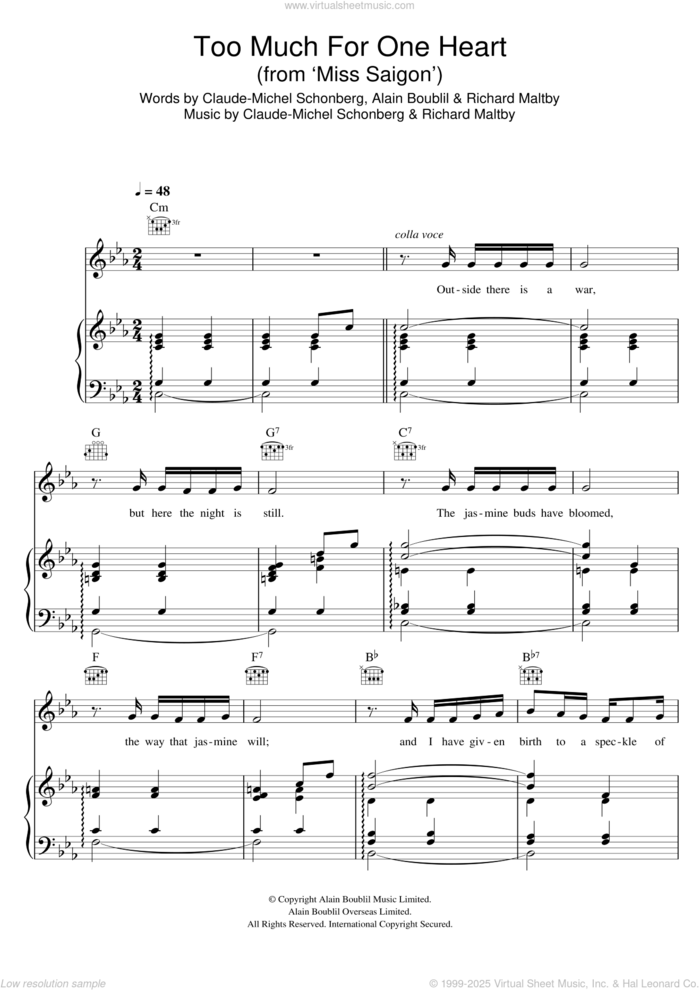 Too Much For One Heart (from Miss Saigon) sheet music for voice, piano or guitar by Boublil and Schonberg, Alain Boublil, Claude-Michel Schonberg and Richard Maltby, Jr., intermediate skill level